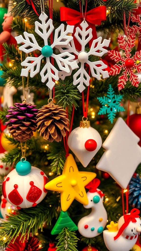 Simple Christmas Ornaments for Grade 1 A collection of colorful Christmas ornaments including paper snowflakes, painted pinecones, and salt dough shapes hanging on a decorated tree.
